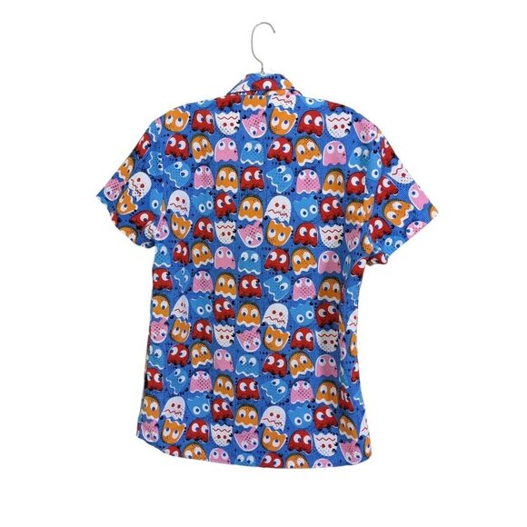 Phat Farm Mens Pac Man Button Down Shirt Size M Blue Short Sleeve Retro Novelty - Picture 2 of 5